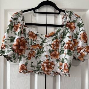 Happy x Nature Linen Blend Floral Puff Sleeve Crop Top | Square Neck Boho Blouse